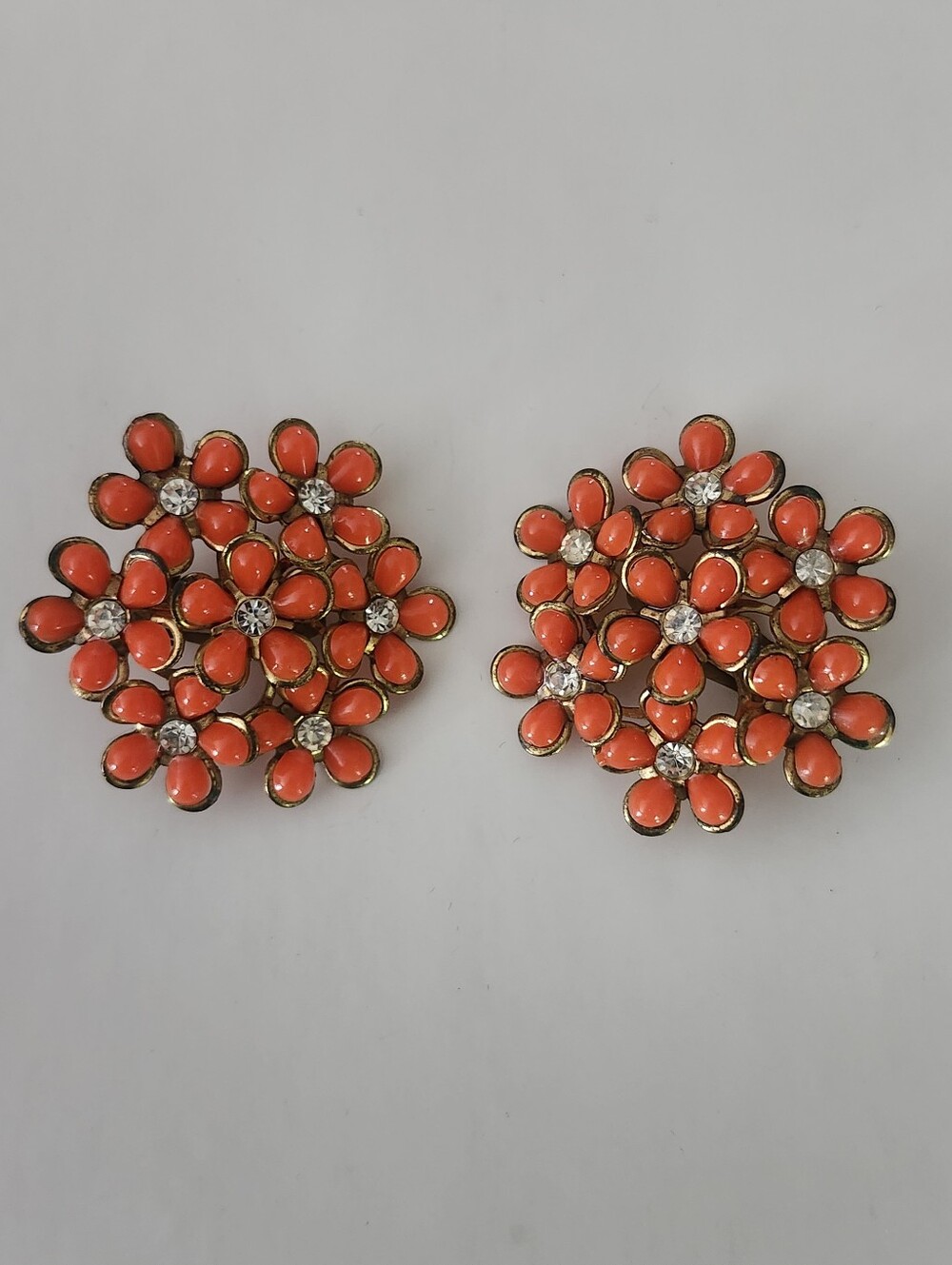 Bold Orange Floral Cluster Clip-On Earrings - Vintage